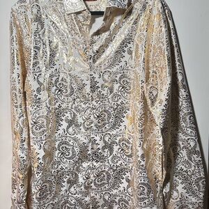 Men’s Consequence Metallic Gold Paisley Button Down Shirt - Size L - Disco/Party